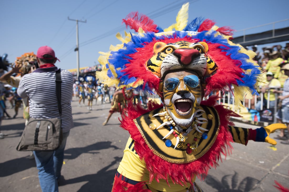 A reveler in a patriotic lion costume. RewritingtheMap/Emanuel Echeverri